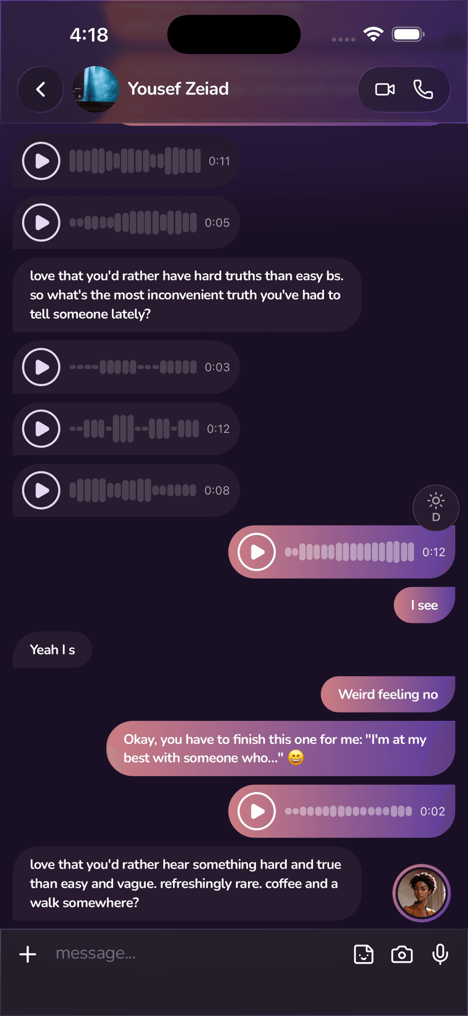 The same conversation on the other person's phone at the same moment: no panel, no draft, no indication that anything was suggested.