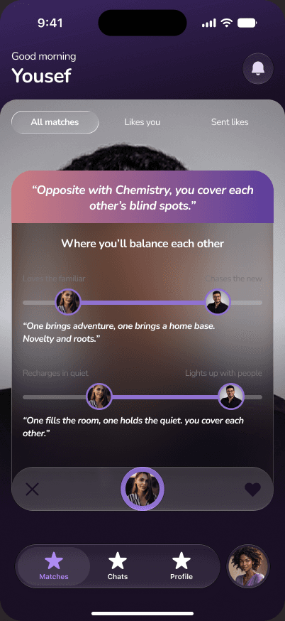 The Jingles insight panel, showing two people placed on spectrums between opposing tendencies, each with a written reading.